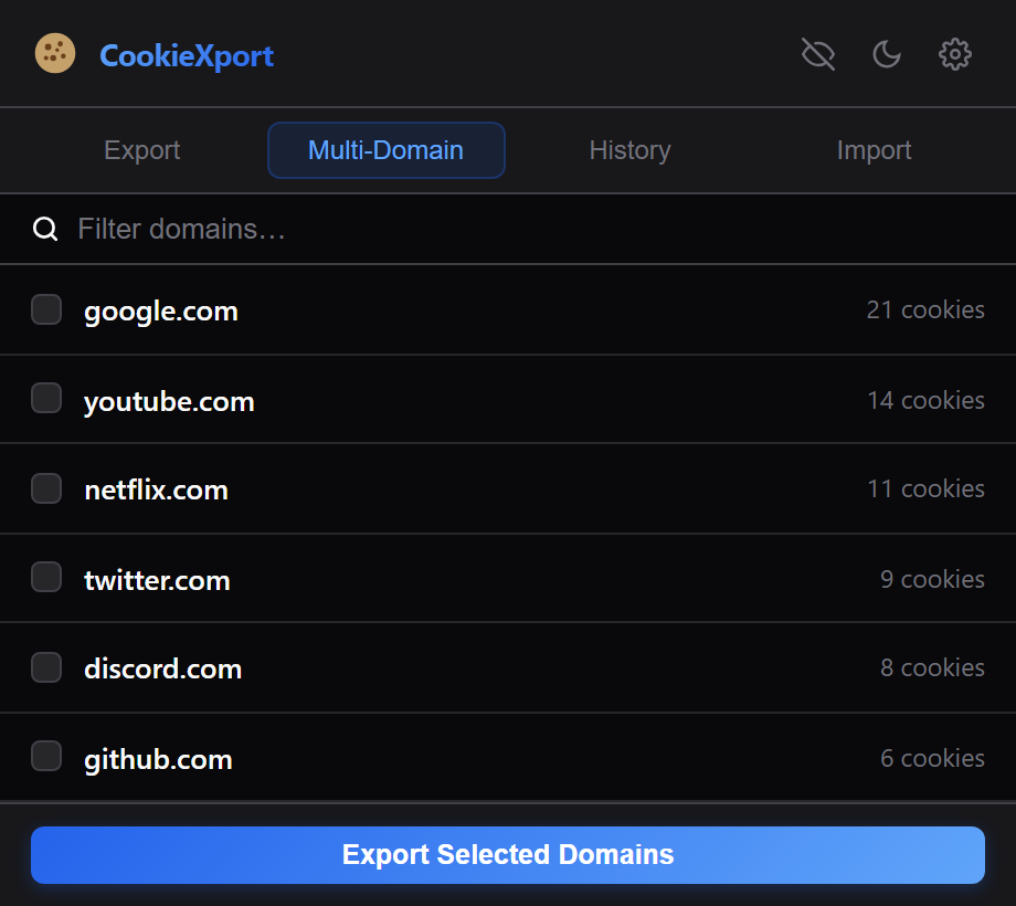 CookieXport Multi-Domain tab listing cookie counts across several sites